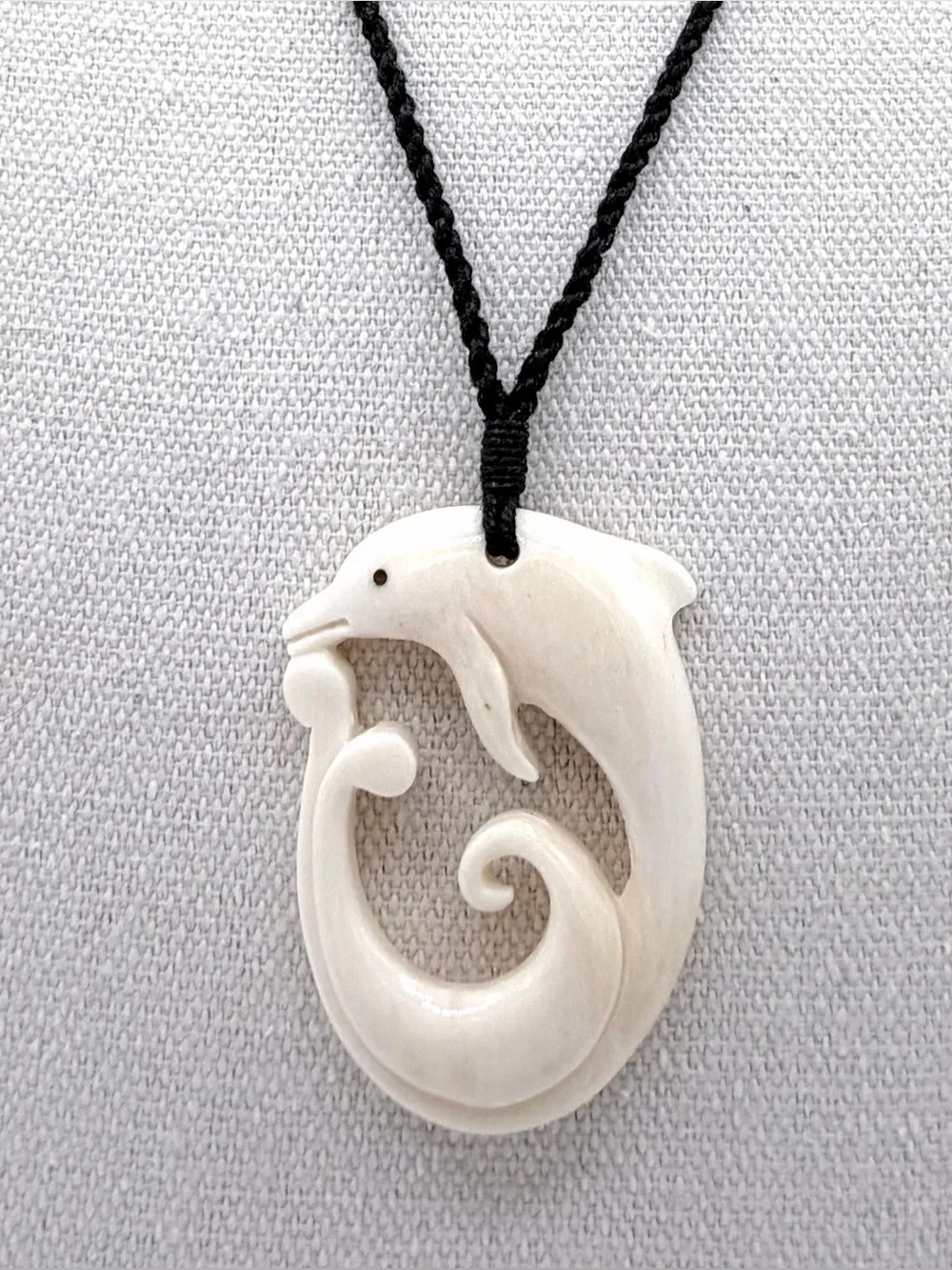 Hand-Carved Dolphin Ocean Wave Mens Necklace Woman’s Water Buffalo Bone Jewelry
